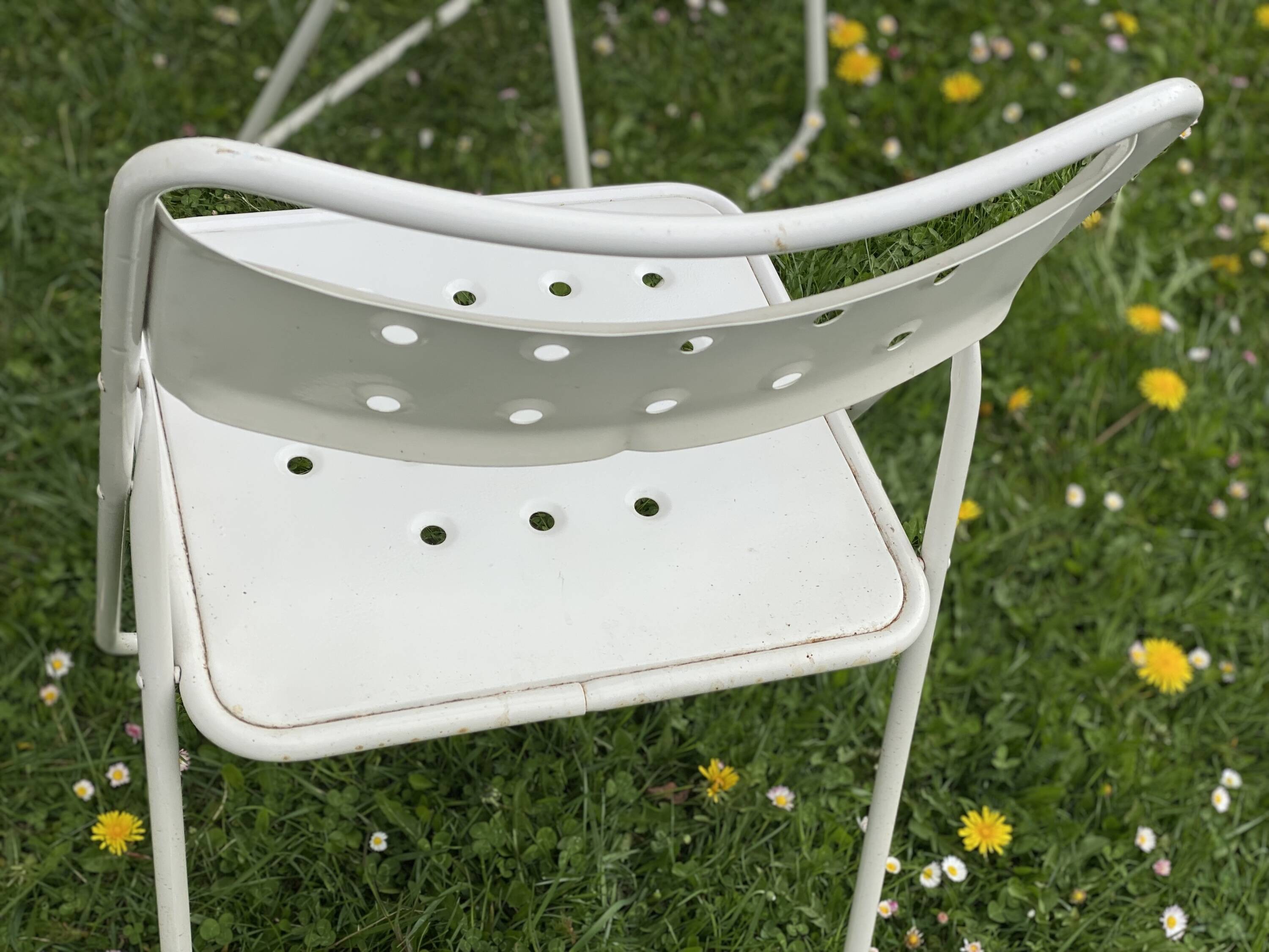 Set of 9 vintage perforated metal folding chairs 1970-80