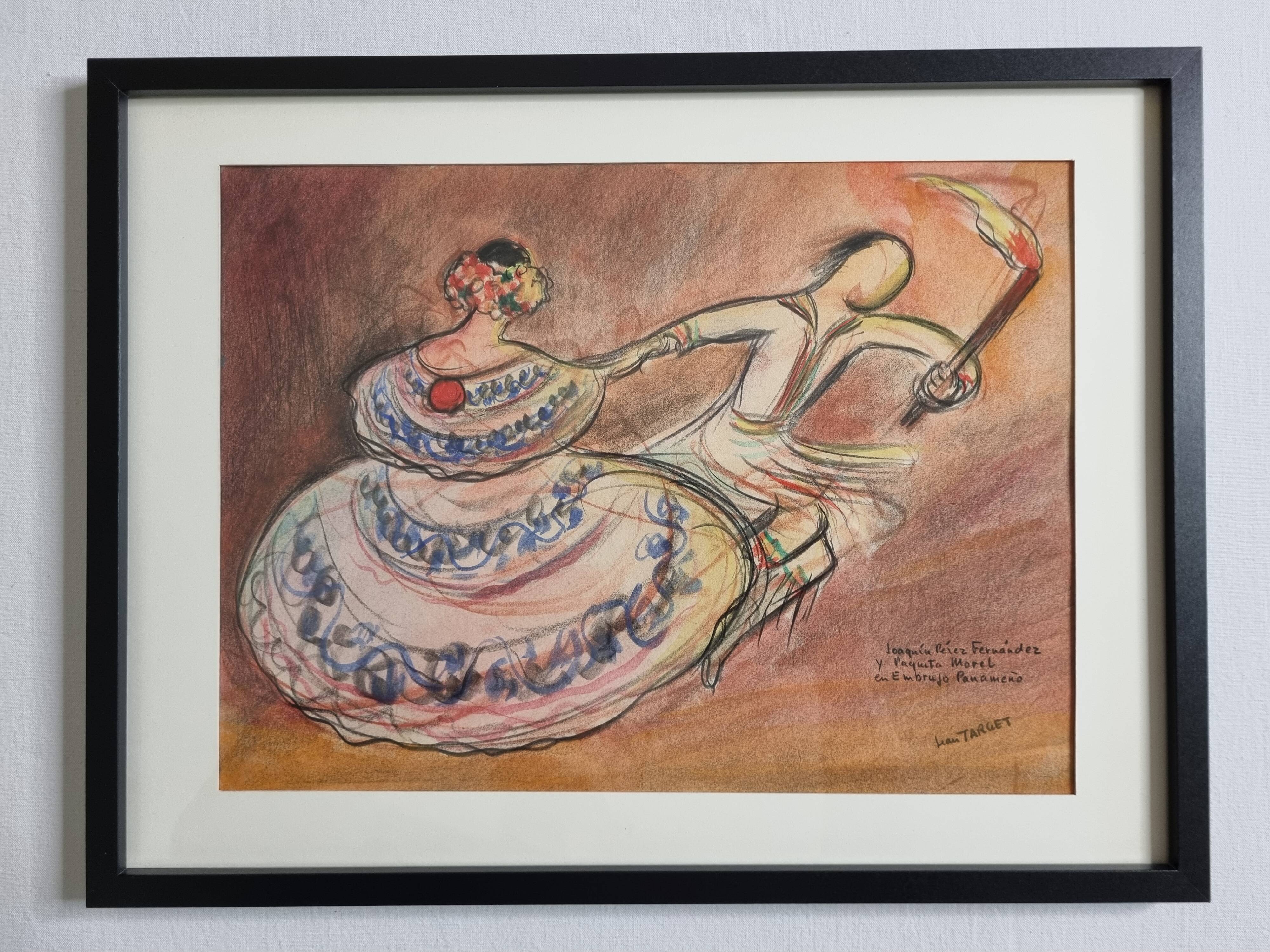 Original pastel signed by Jean Target, Mexican folk dance, 30x40 cm