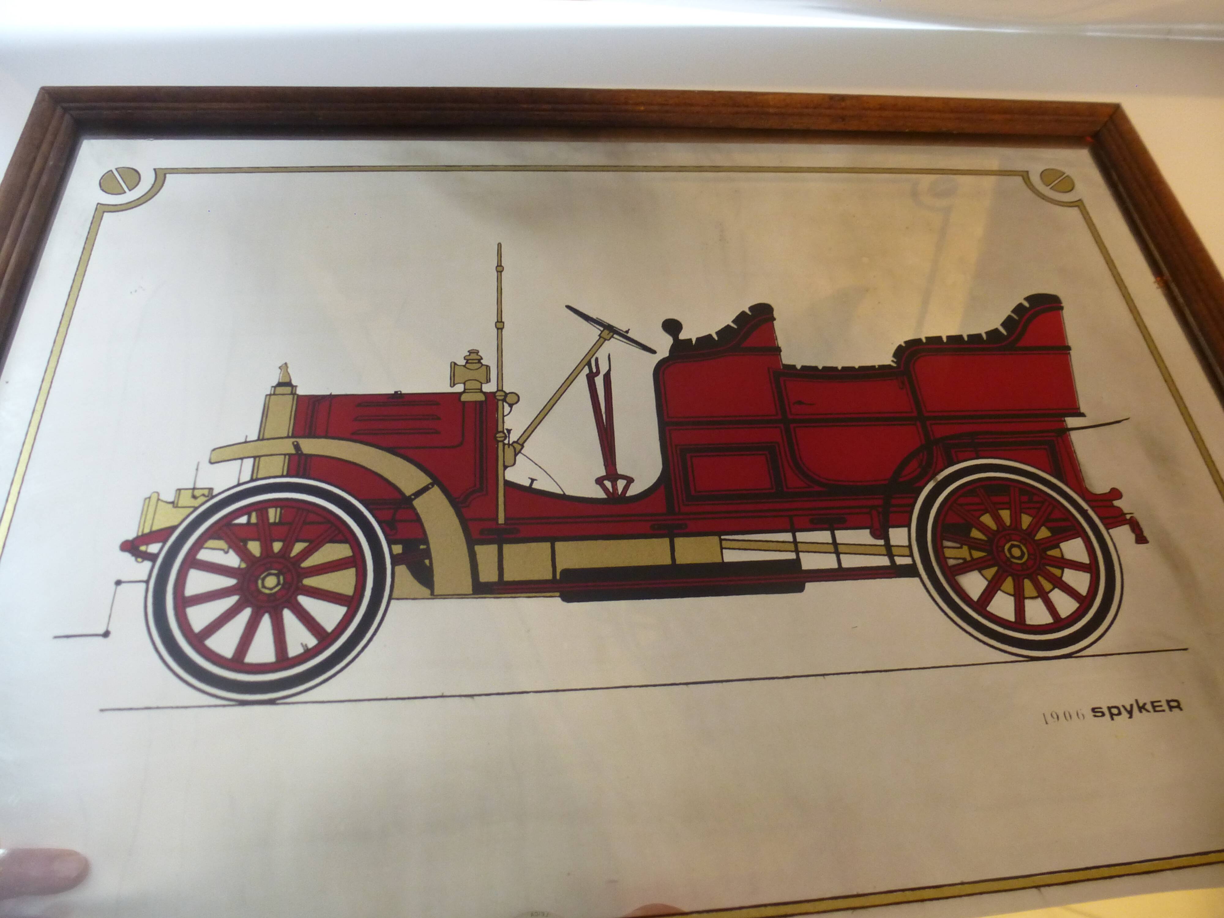 Screen-printed mirror of old car "1906 Spyker" vintage 1970s