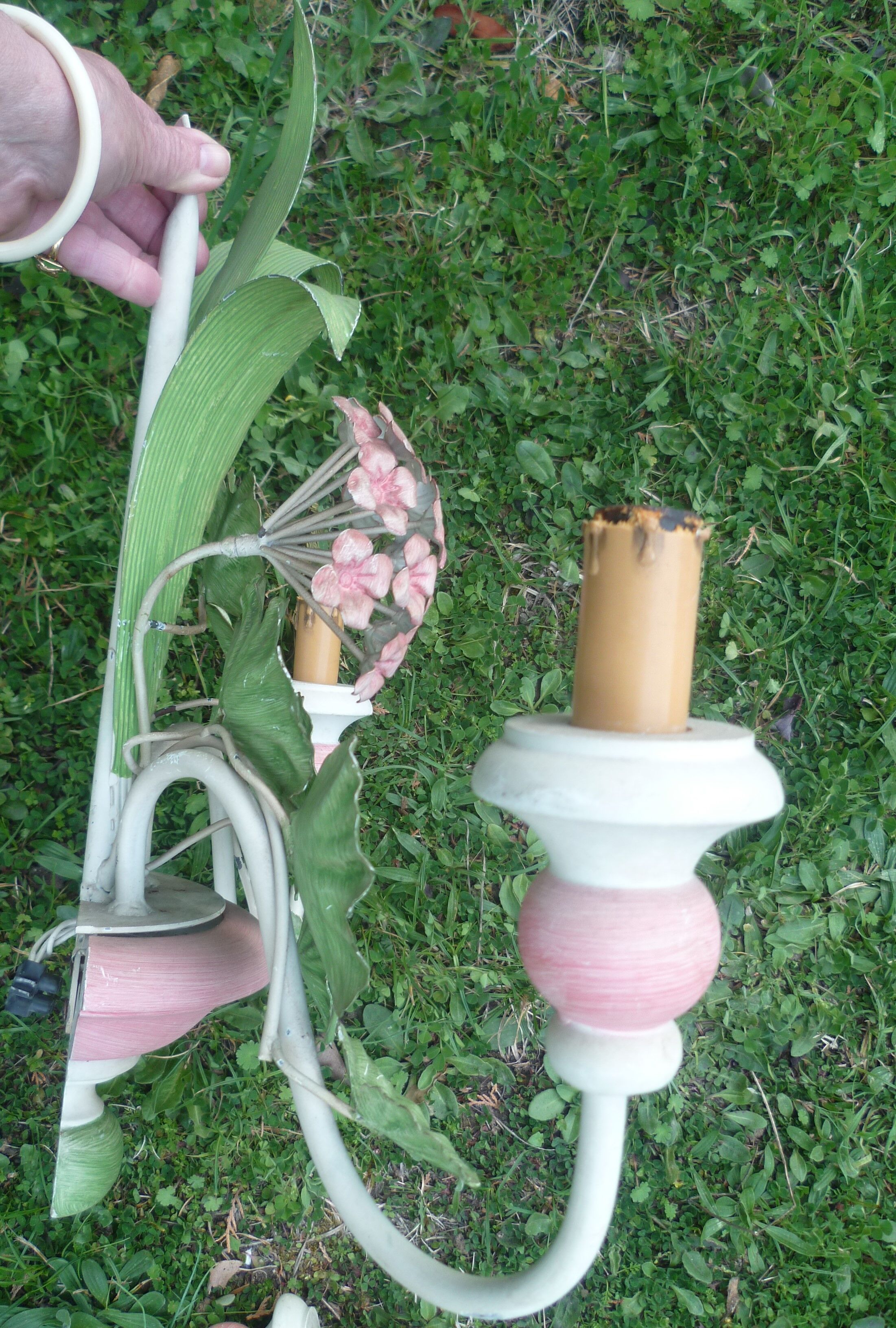 Pair of metal sconces painted spring flowers vintage