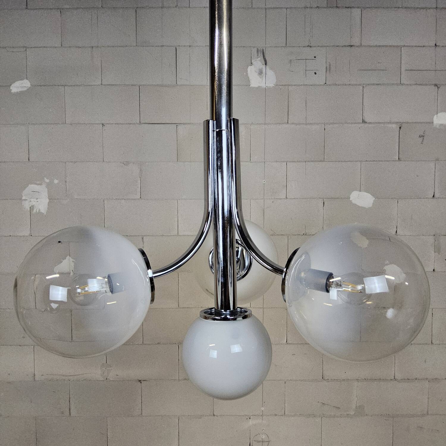 Vintage Space Age Chrome and Murano Glass Italian Pendant Lamp