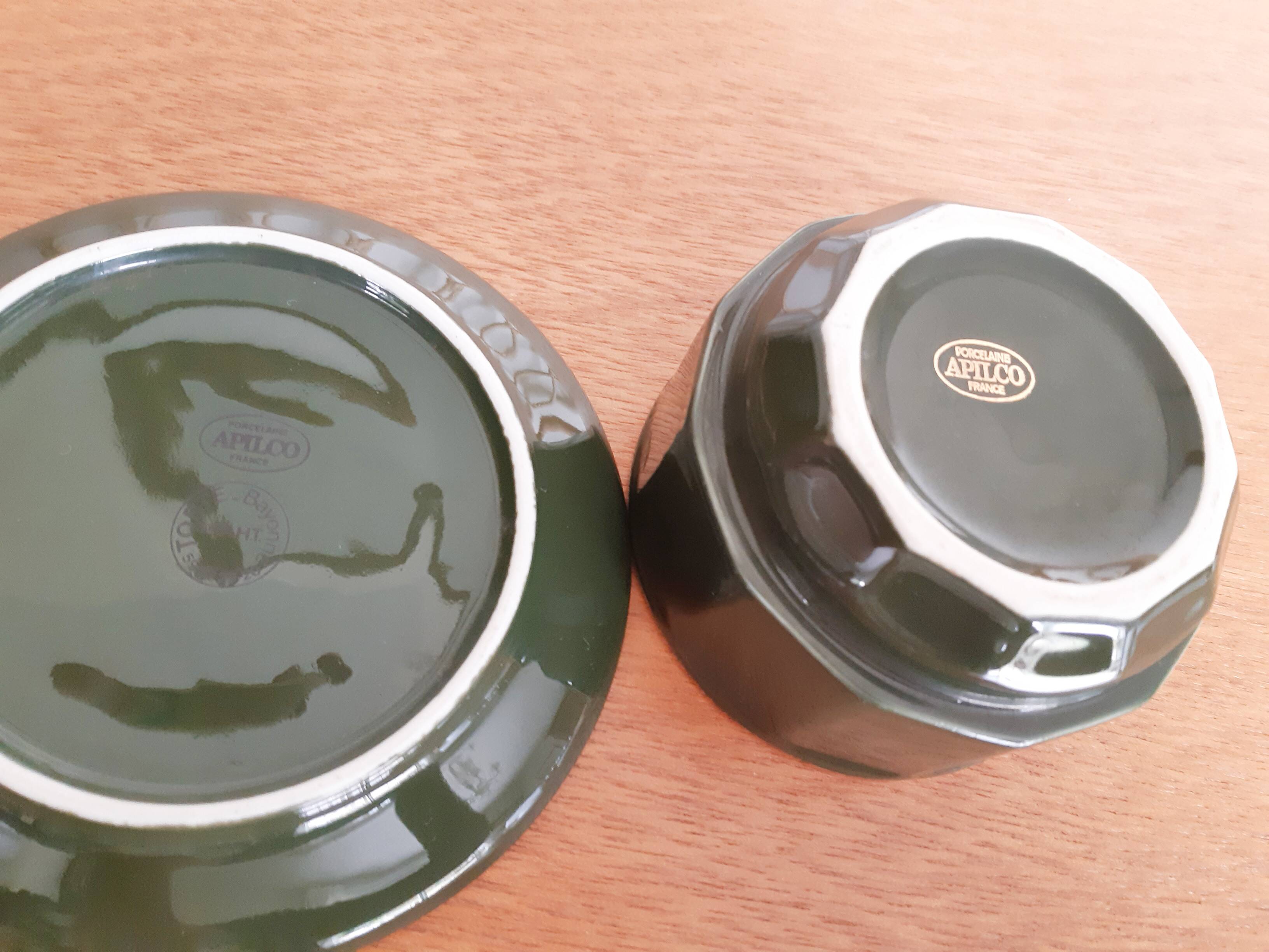 Chocolate cup or large green and gold bistro café "Apilco", porcelain