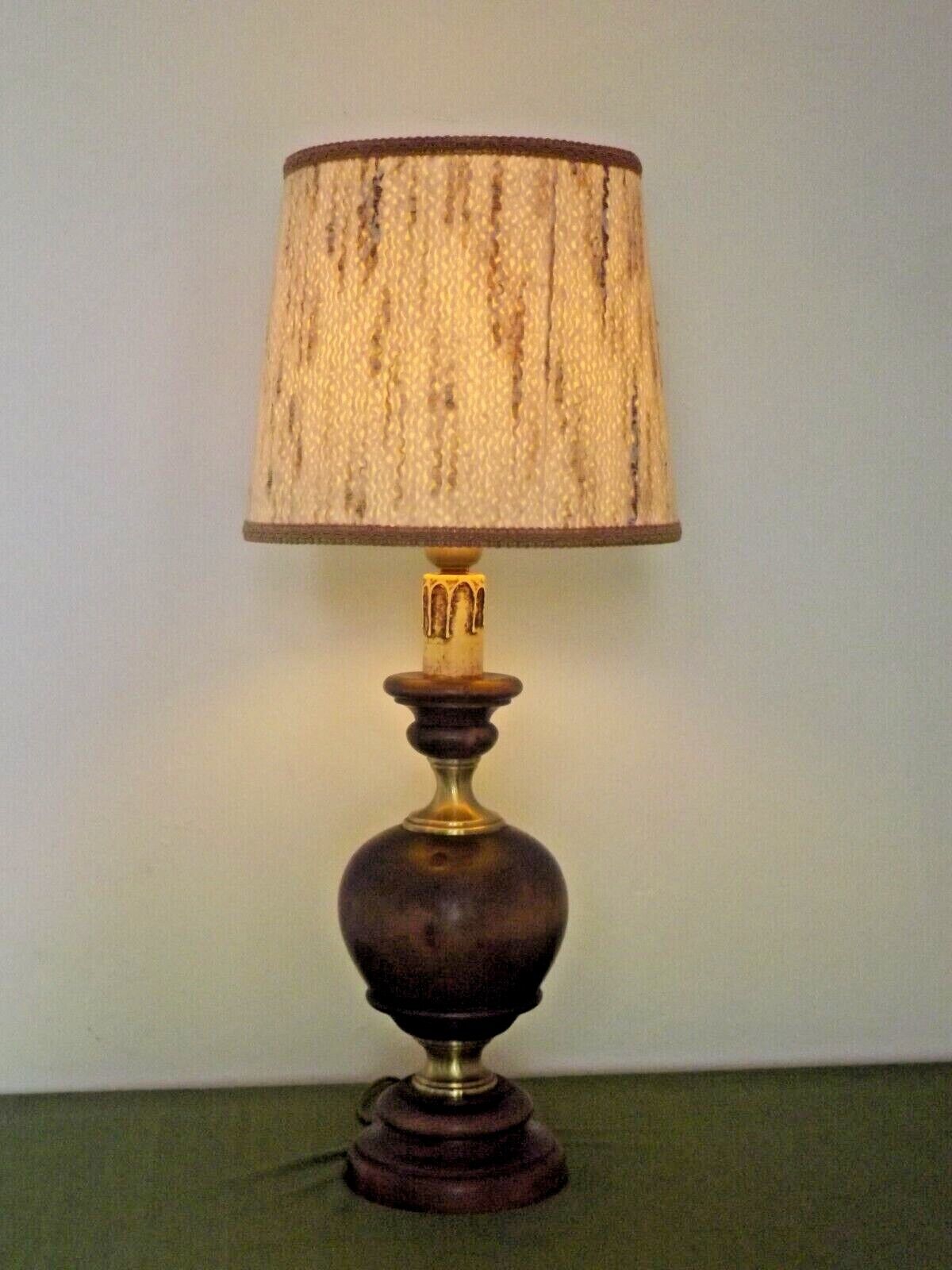 French Mid Century Round Lamp in Turned Wood and Gold Metal Beige Fabric Shade 3625