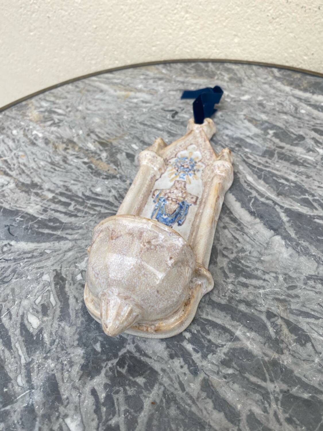 Antique holy water font in polychrome enamelled earthenware signed