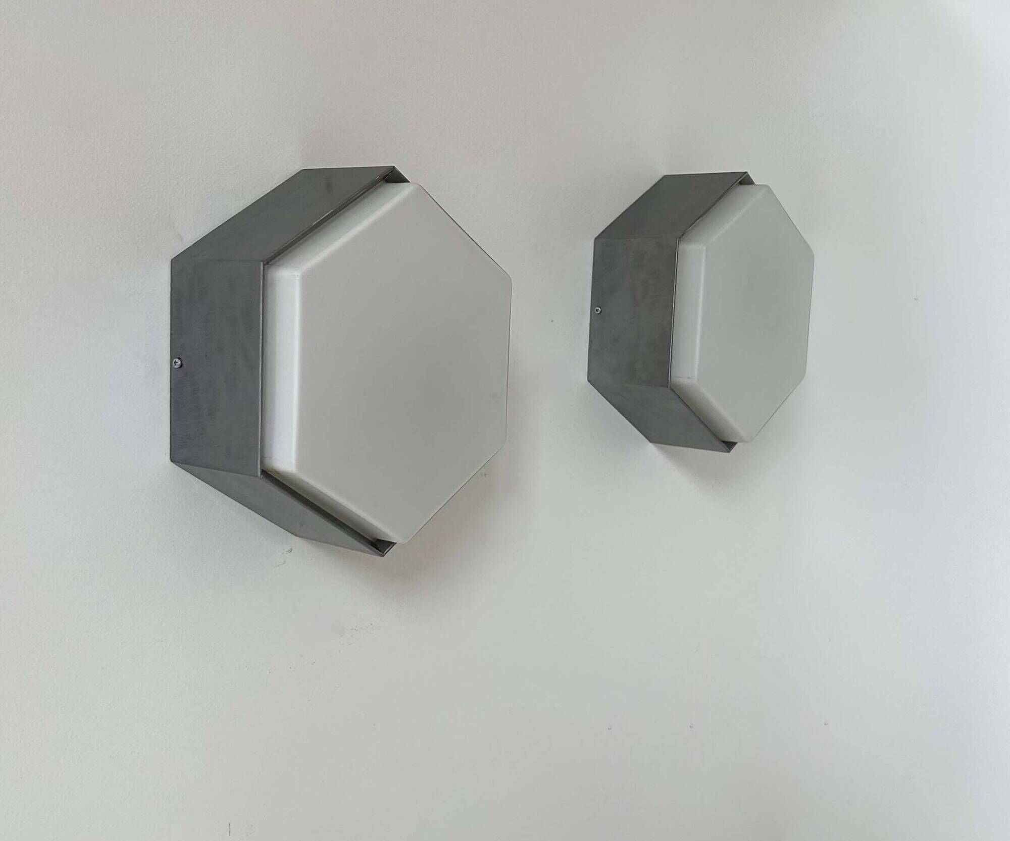 Pair of vintage opaline and metal wall lights, Raak Holland 1970
