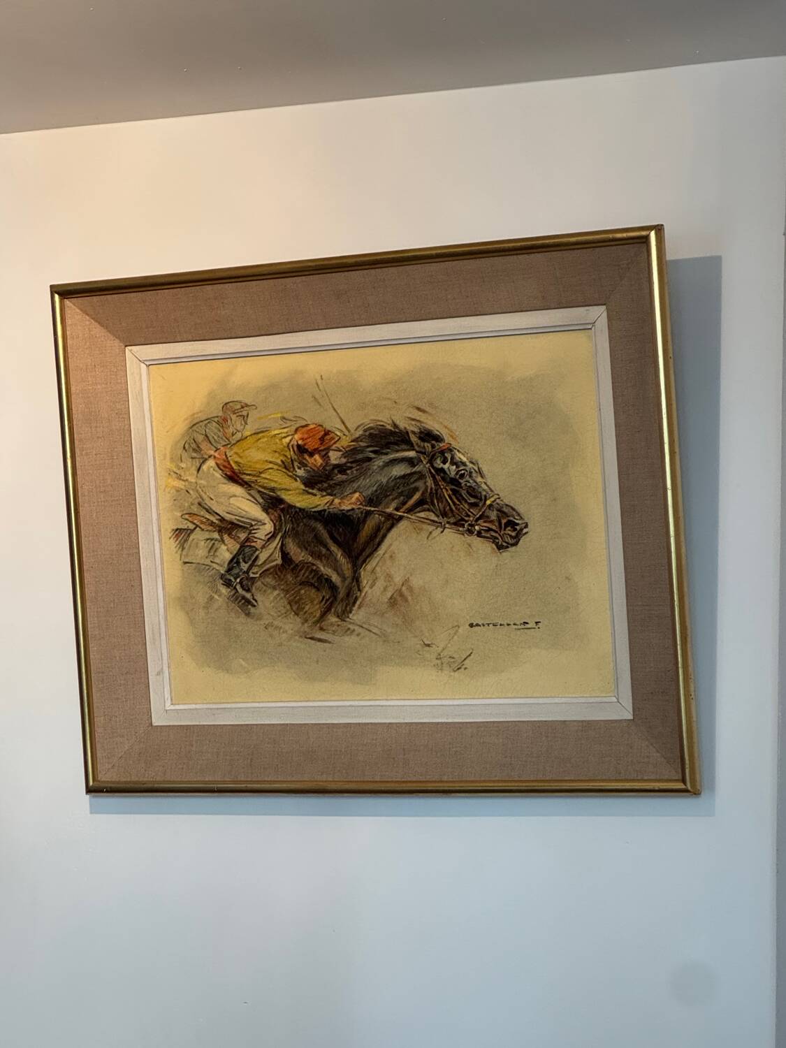 Old painting, horse scene, signed F Castellan, early 20th century