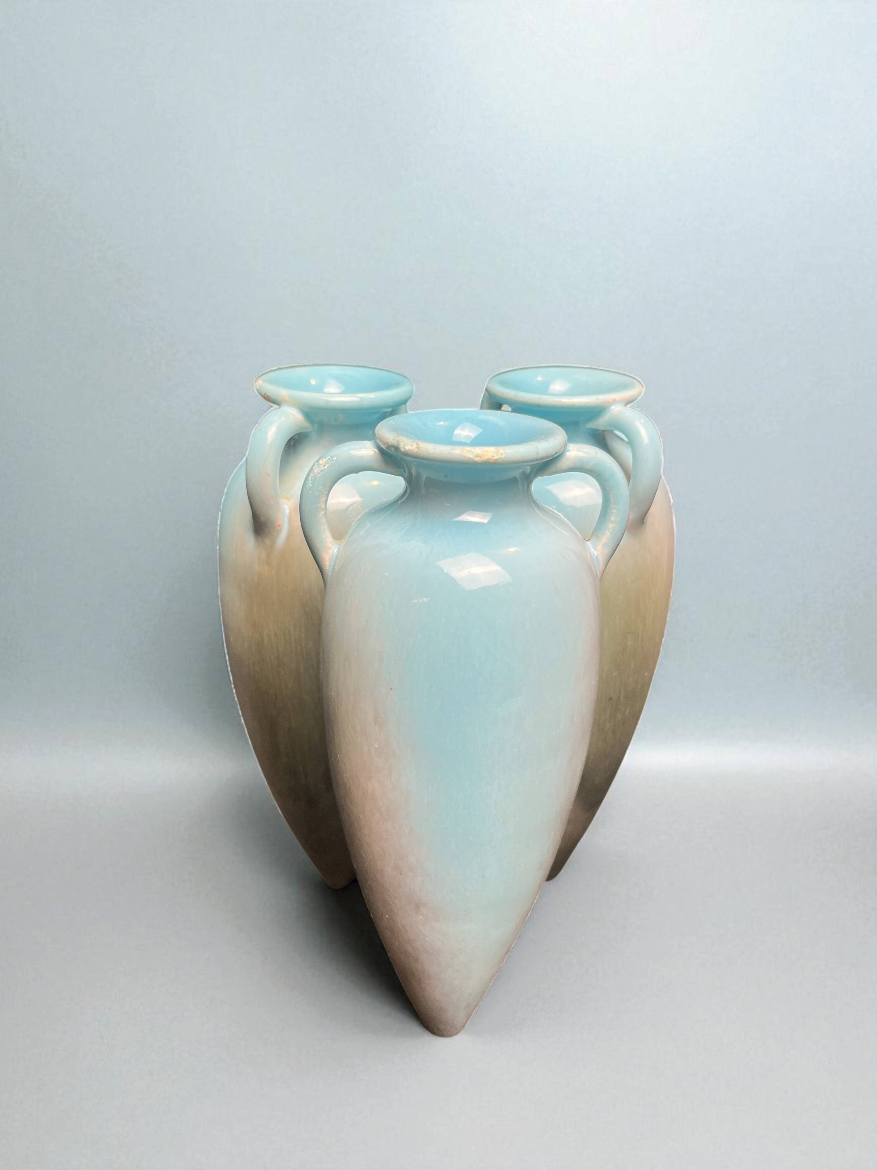 Art Nouveau, small triple amphora vase, glazed earthenware, Massier, circa 1900