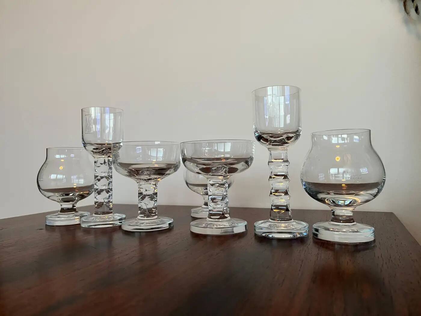 Unique luxurious set of 7 design glasses by Moser for Hotel Prag, 1970s