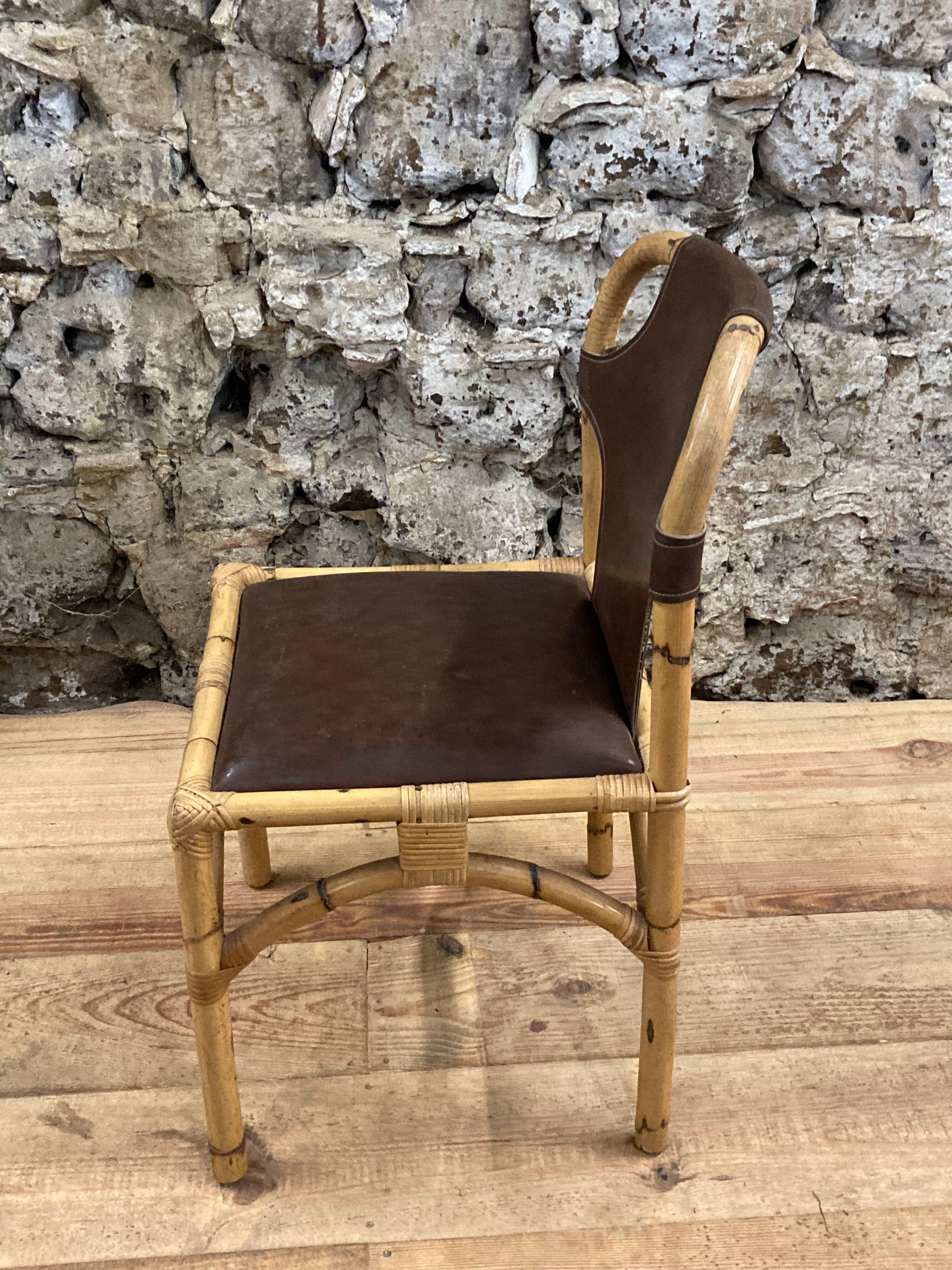 Vintage chair in rattan and bamboo and brown leather