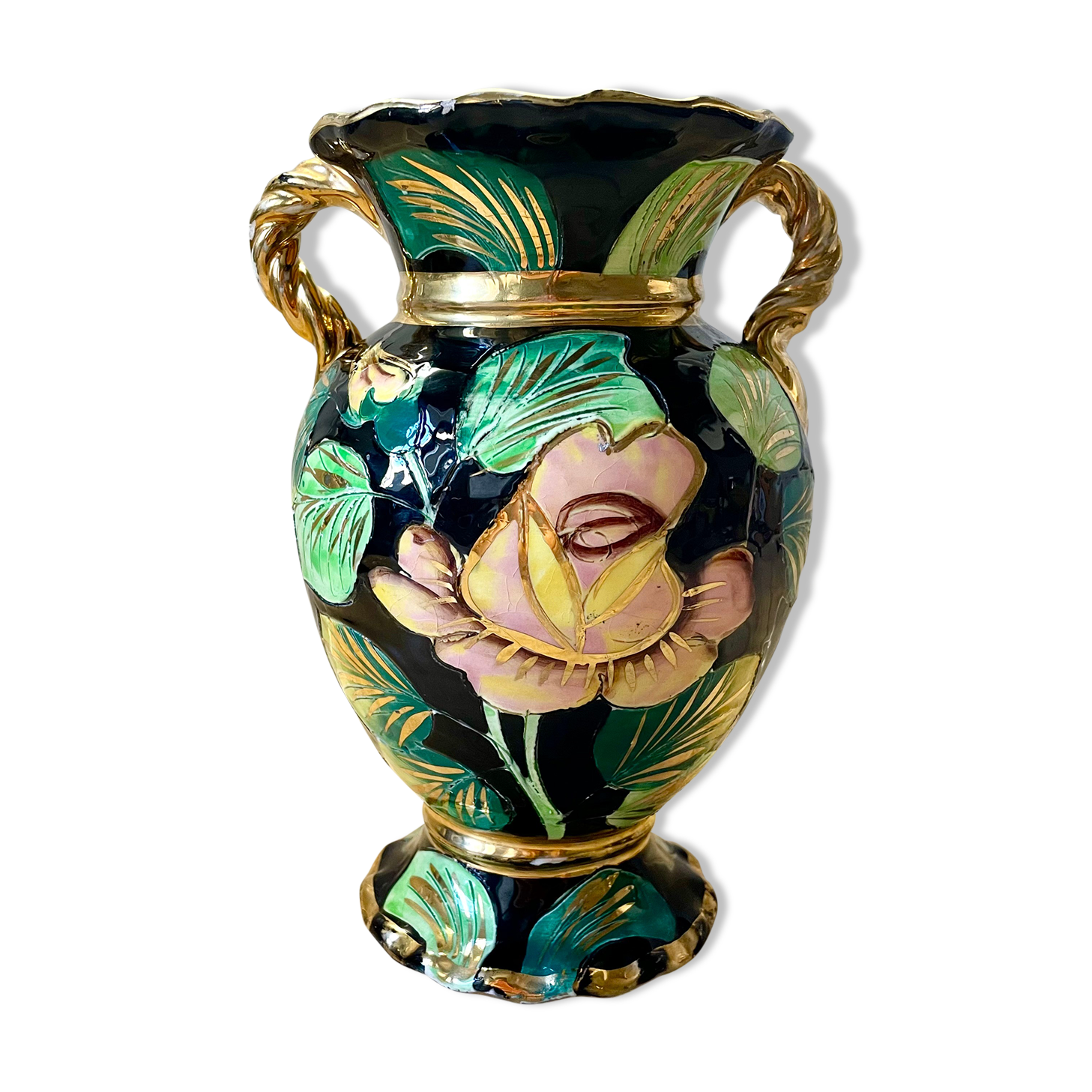 Vallauris vase with handle and gold leaf