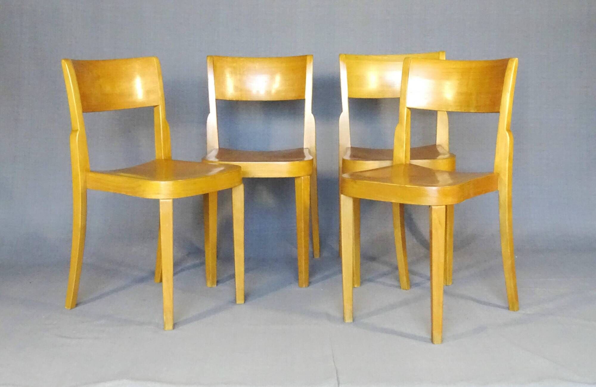 4 bistro chairs, around 1960, by Horgen Glarus - Switzerland - golden oak finish.