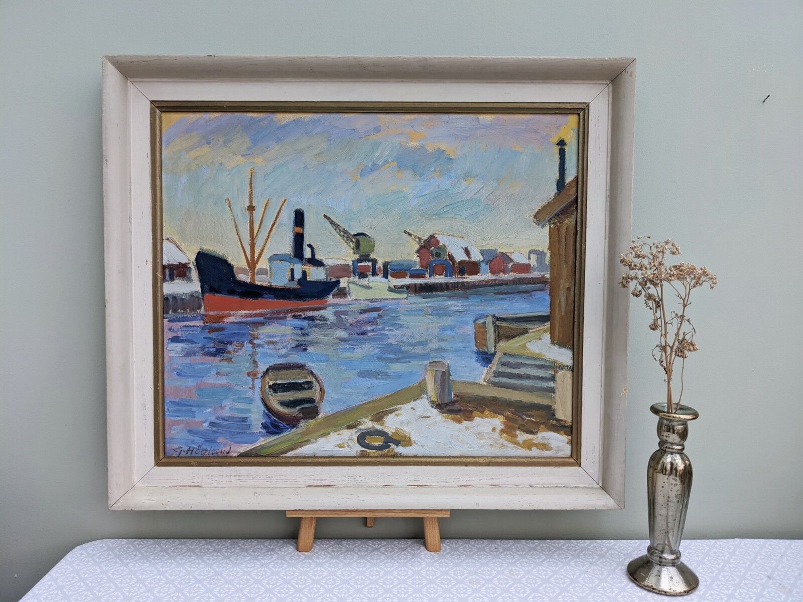 Mid Century Swedish Harbour Boat Oil Painting - 'Sunset Harbour'