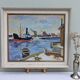 Mid Century Swedish Harbour Boat Oil Painting - 'Sunset Harbour'
