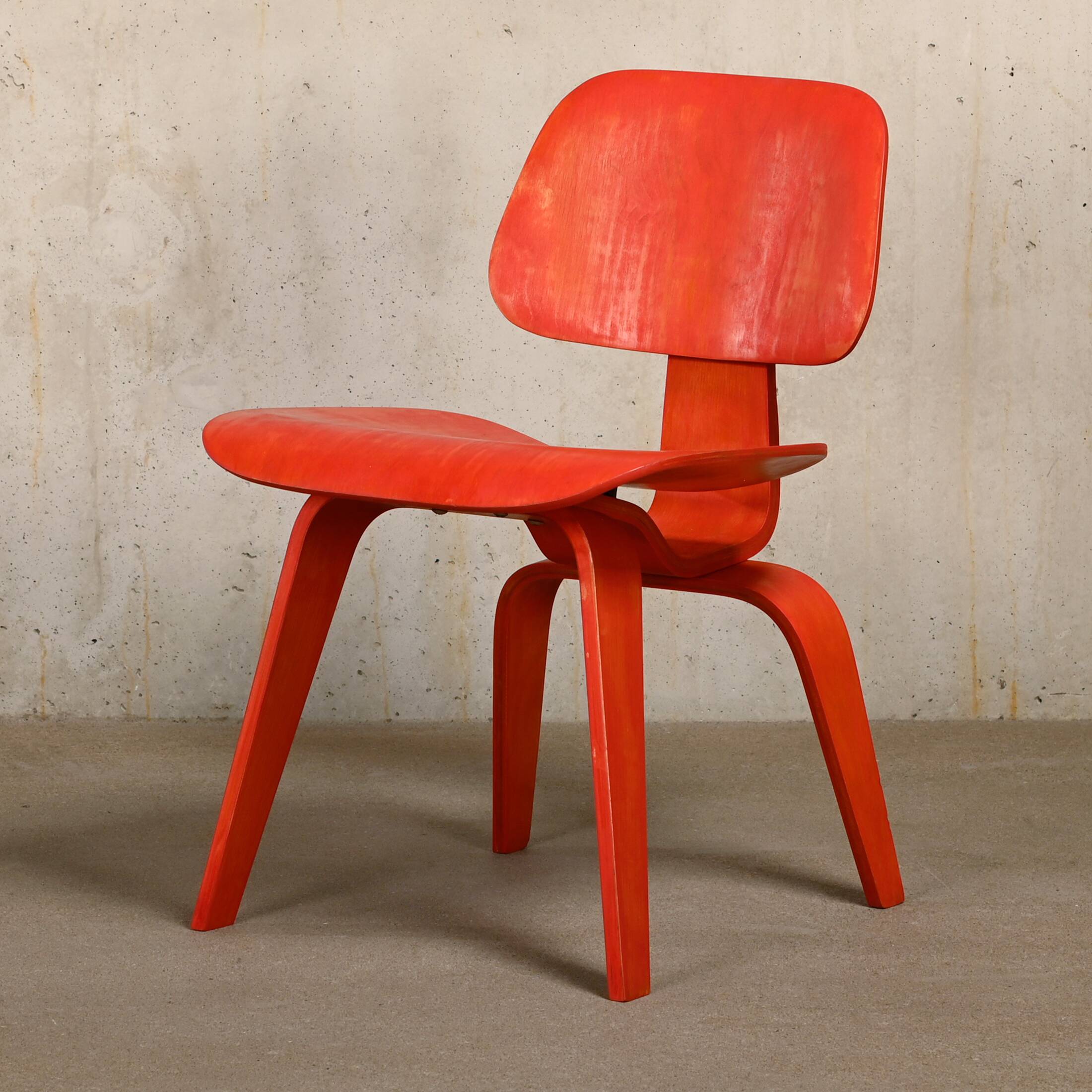 Charles & Ray Eames Early DCW Red aniline dye Ash Dining Chair for Evans Plywood