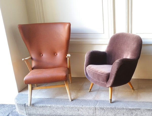 Fauteuil oeuf EGG des années 50-60 en velours marron