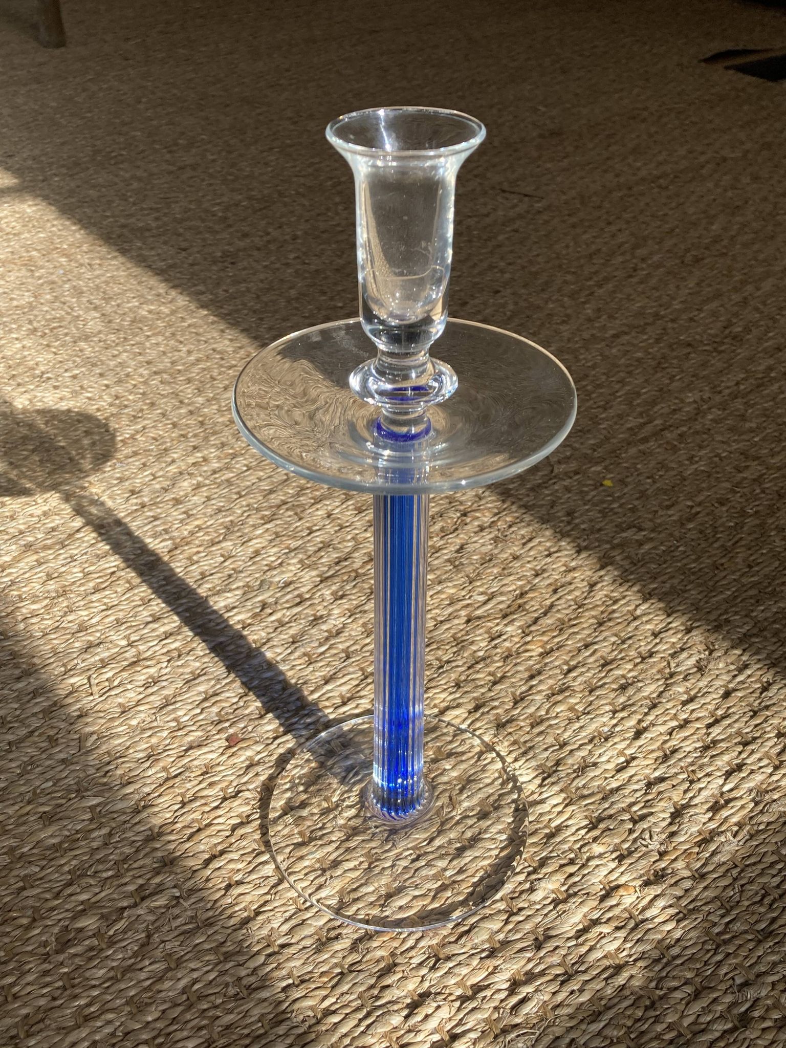 Candle holder in transparent and blue Murano blown glass