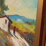 XL Vintage Oil Painting on Wood Panel in a Golden Frame, 1960s Italy Landscape with Woman