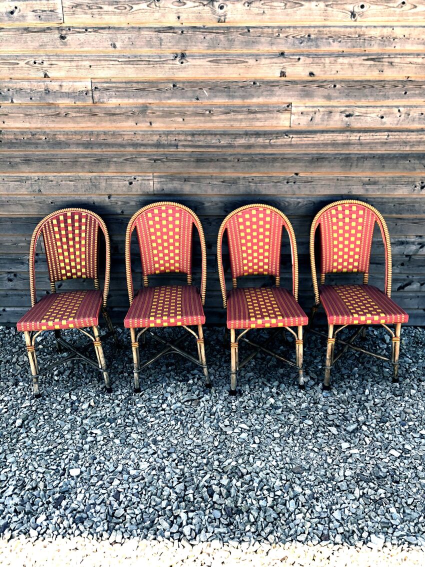 Ensemble de 4 chaises de " bistrot" en rotin naturel, signées Grock/ligne  Vauzelle | Selency