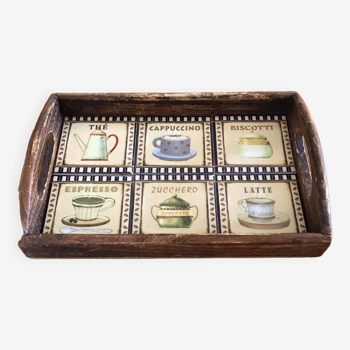 Small Italian tray in wood and earthenware tiles "Breakfast" decor