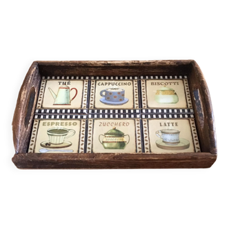 Small Italian tray in wood and earthenware tiles "Breakfast" decor