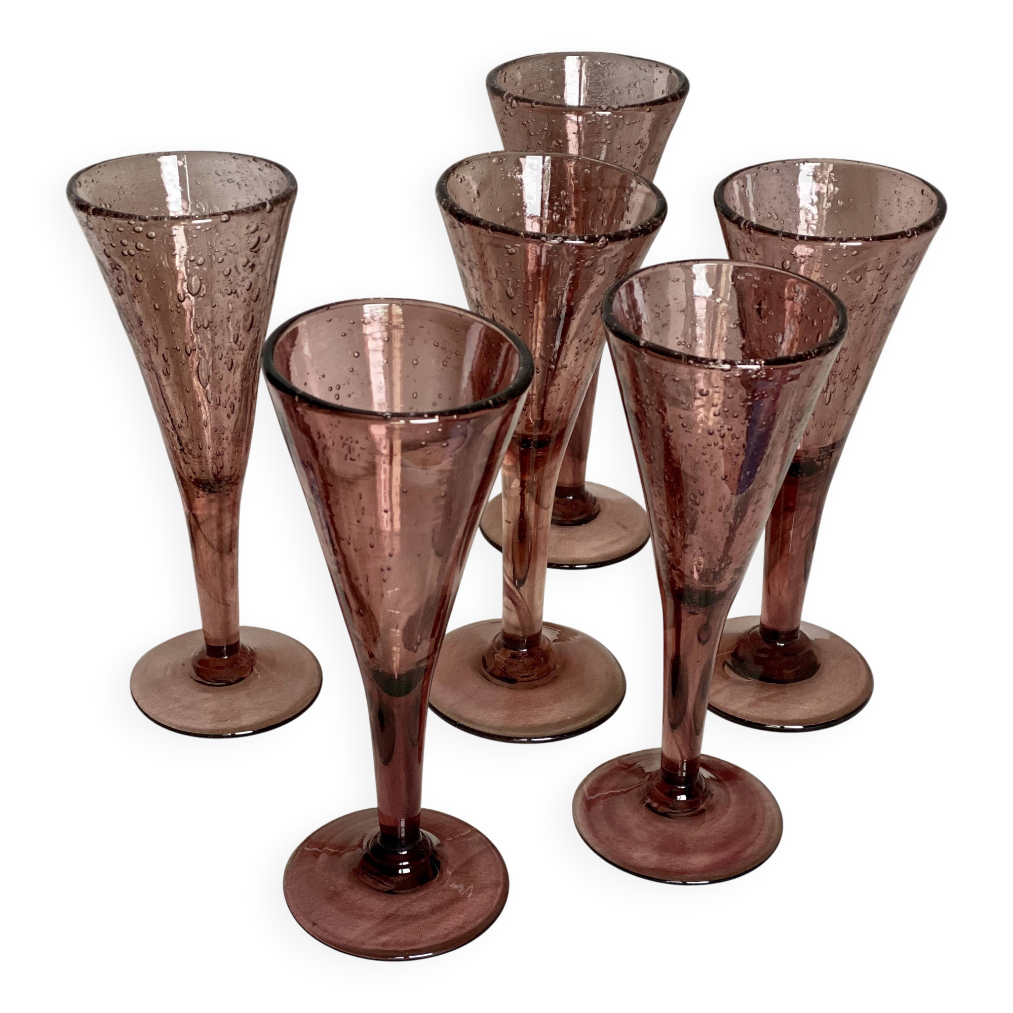 Set of 6 large vintage 1960s fuchsia bubble footed glasses.
