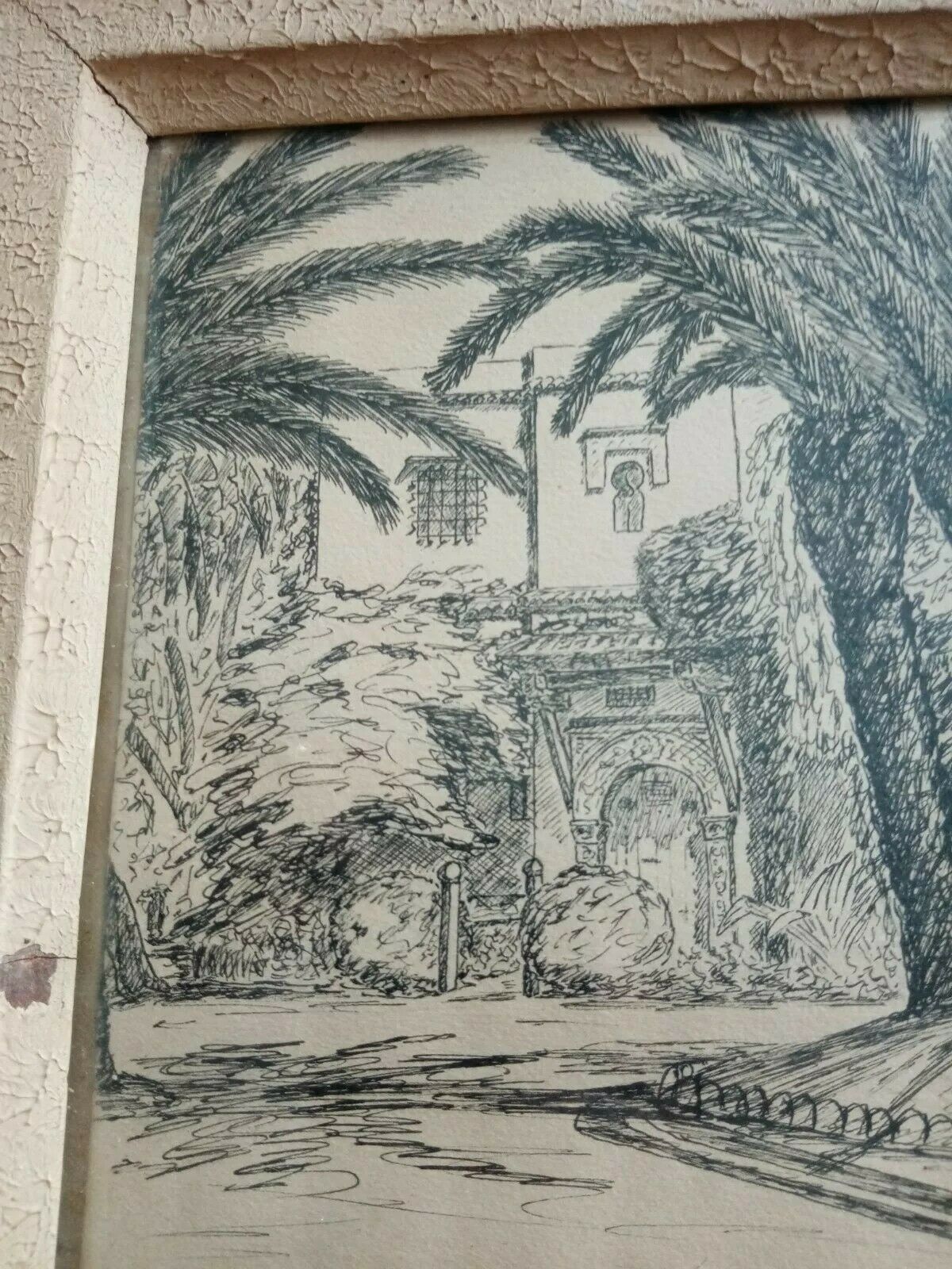 Old painting drawing in ink signed , Les Palmiers