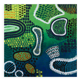 Modern abstract green, yellow, blue and white mixed media painting