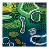 Modern abstract green, yellow, blue and white mixed media painting