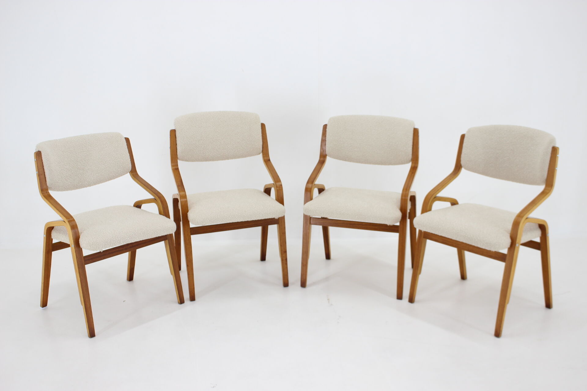 1970s ludvík volák four bentwood dining chairs in boucle fabric, czechoslovakia