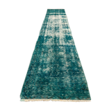 Distressed Turkish Narrow Runner 310x65 cm wool Vintage rug, Overdyed Green