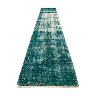Distressed Turkish Narrow Runner 310x65 cm wool Vintage rug, Overdyed Green