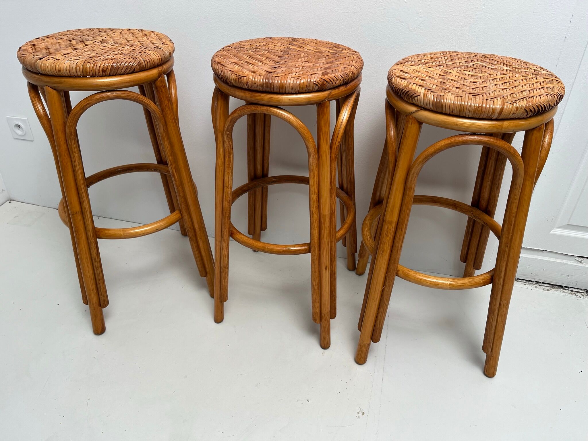 Rattan and bamboo bar and 3 stools from the 60s