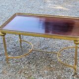 70s Neoclassical Style Coffee Table in Gilded Brass with Mahogany Veneer Top