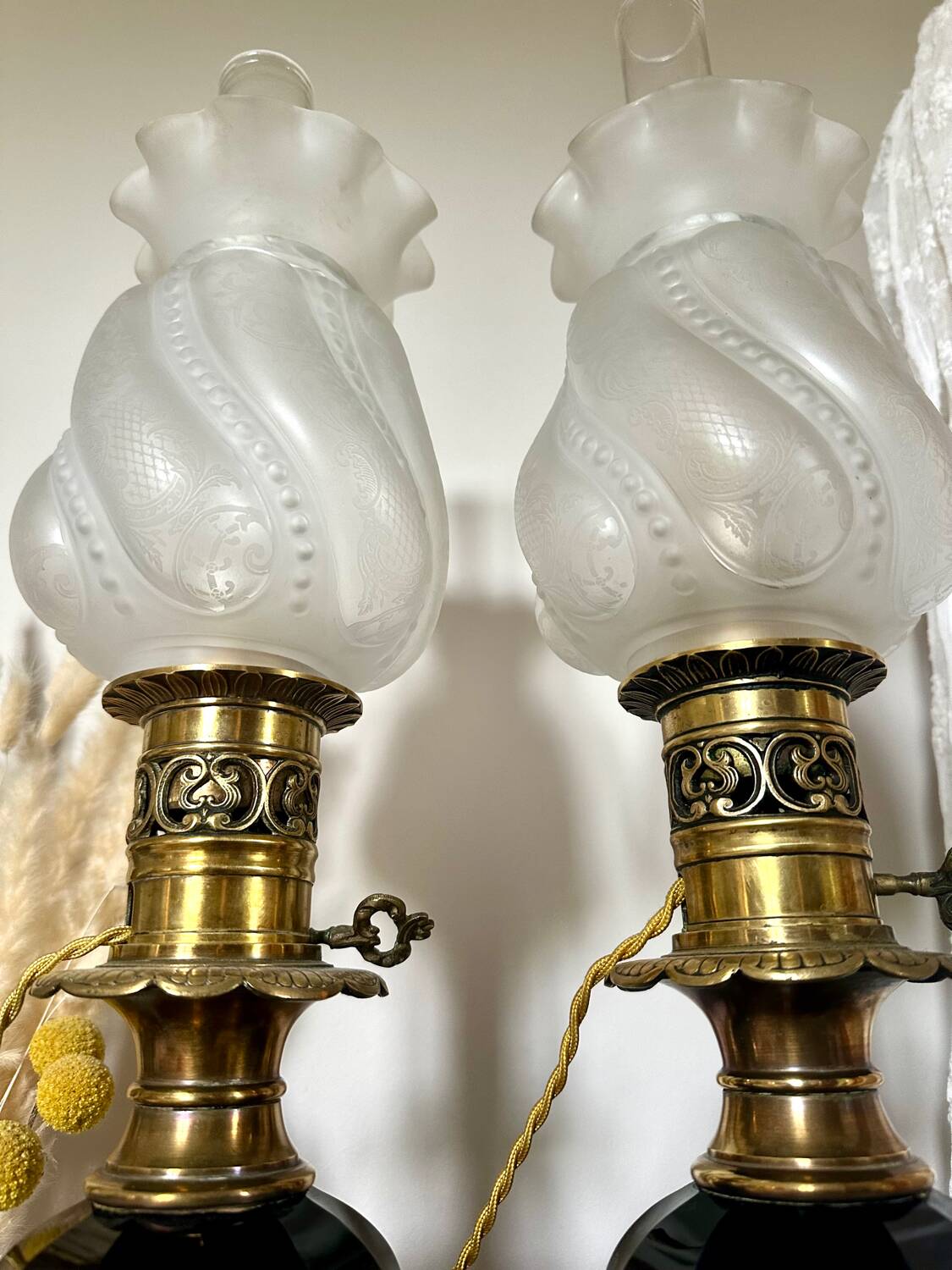 Pair of Napoleon III bronze and glass lamps