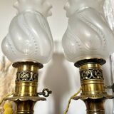 Pair of Napoleon III bronze and glass lamps