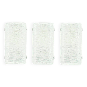 Ensemble de 3 appliques murales en verre de glace Murano de style mid-century moderne de Kaiser, années 1960.