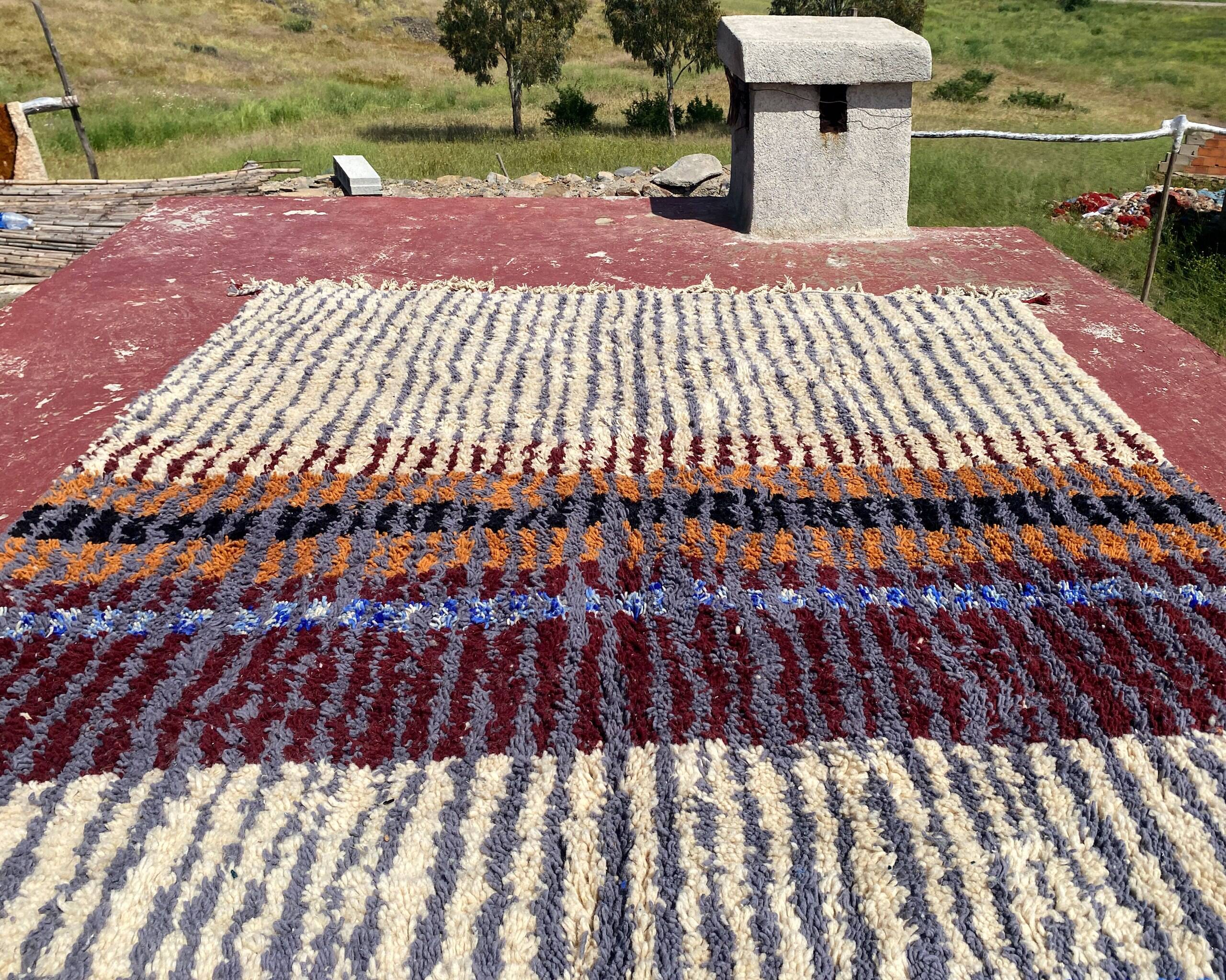 Vintage Moroccan Berber rug with multicoloured stripes – 332 x 244 cm