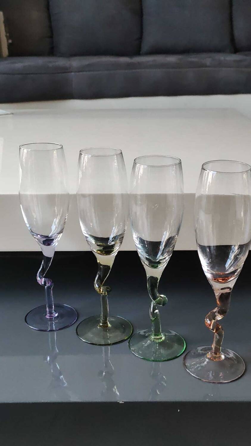 Lot 4 Large Champagne Flutes/Twisted design foot, colorful. High 22.5 cm