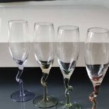 Lot 4 Large Champagne Flutes/Twisted design foot, colorful. High 22.5 cm