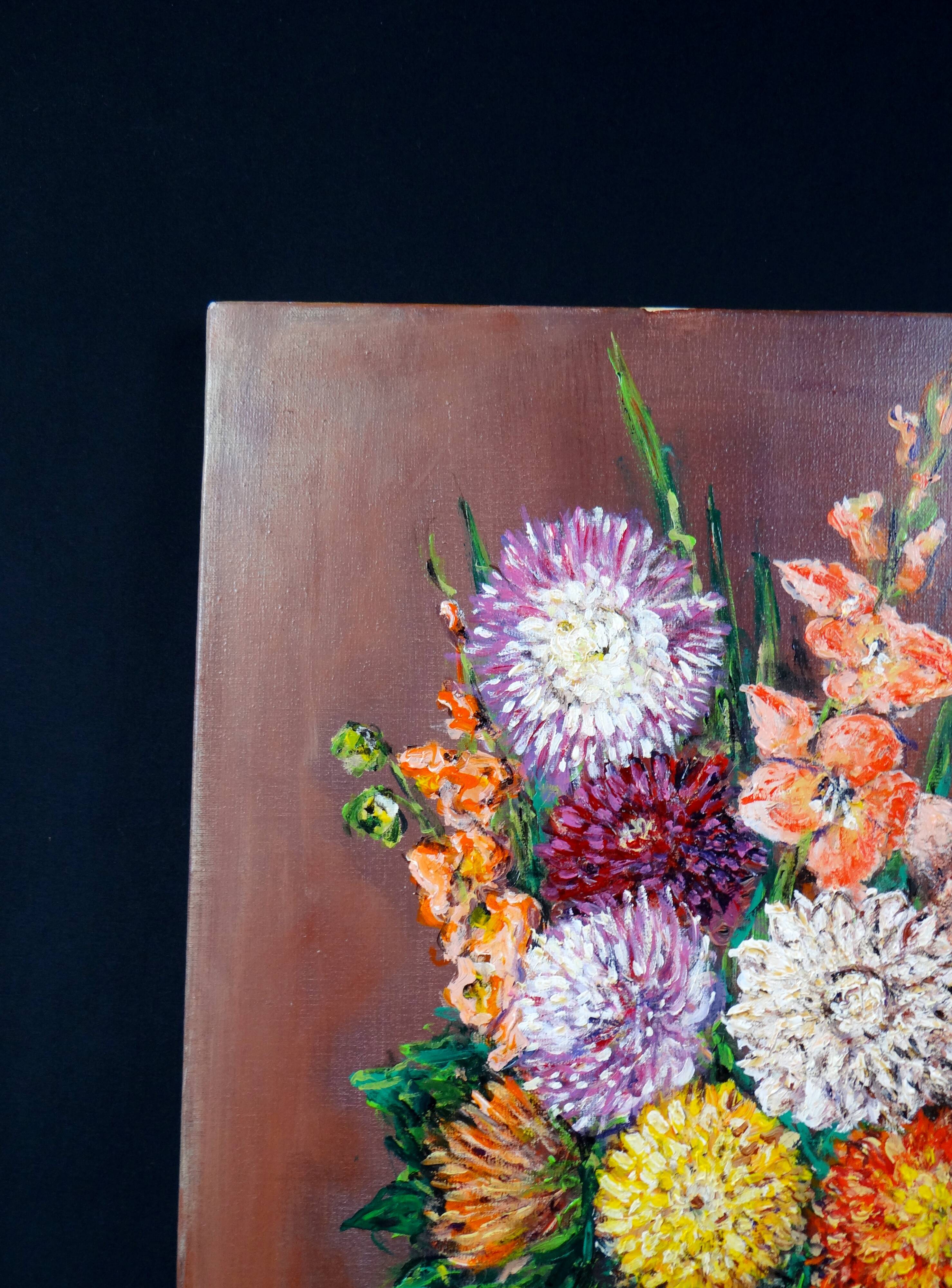 Still life 'Gladioli and Dahlias' Oil on canvas 36x33 signed J.D Vincent