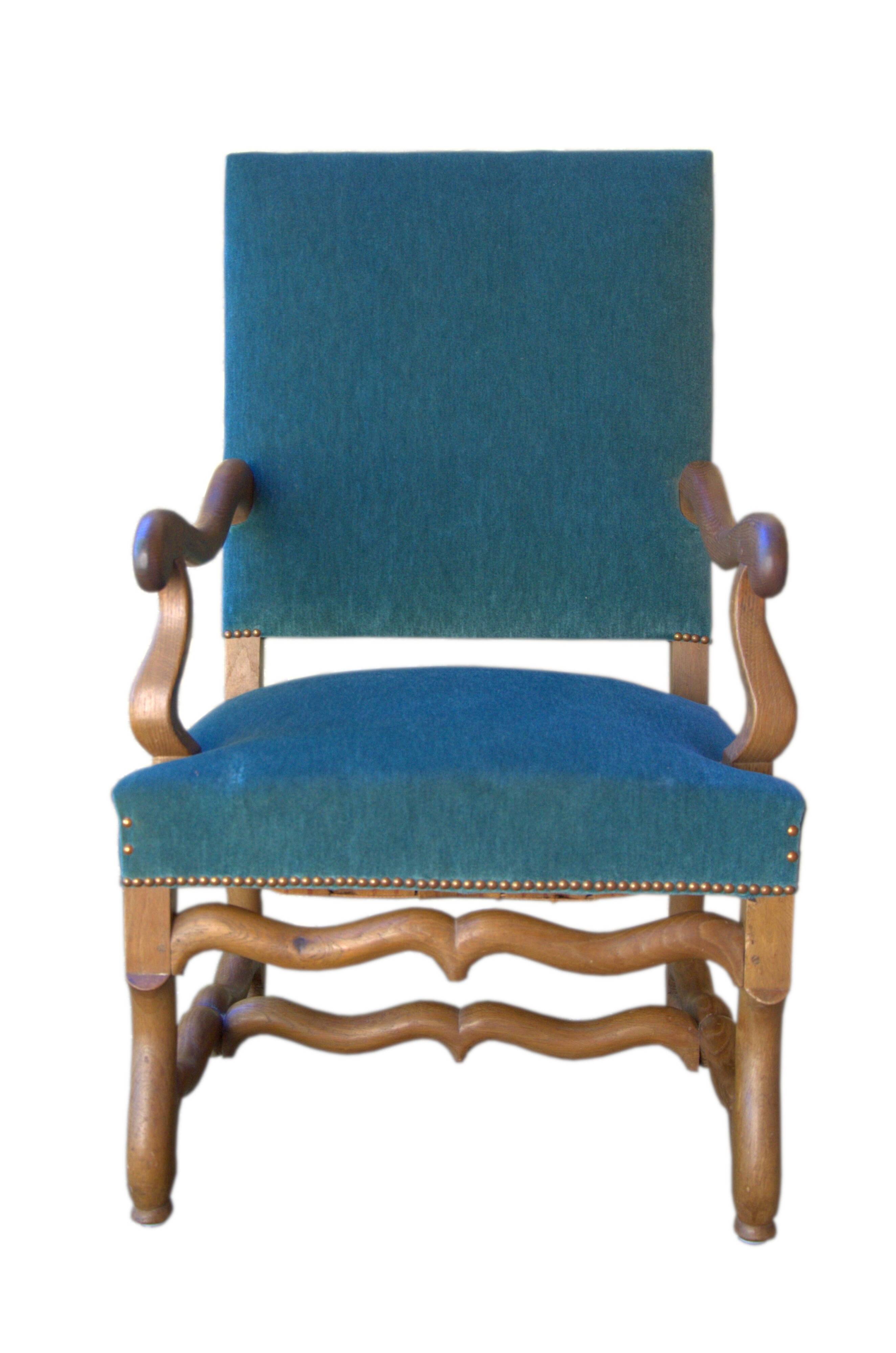 Antique Louis XIII style armchair, duck blue velvet, 67x112cm, G.Besnard