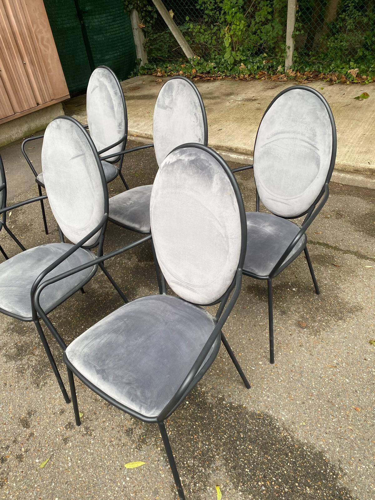 6 black and grey velvet medallion dining chairs with armrests