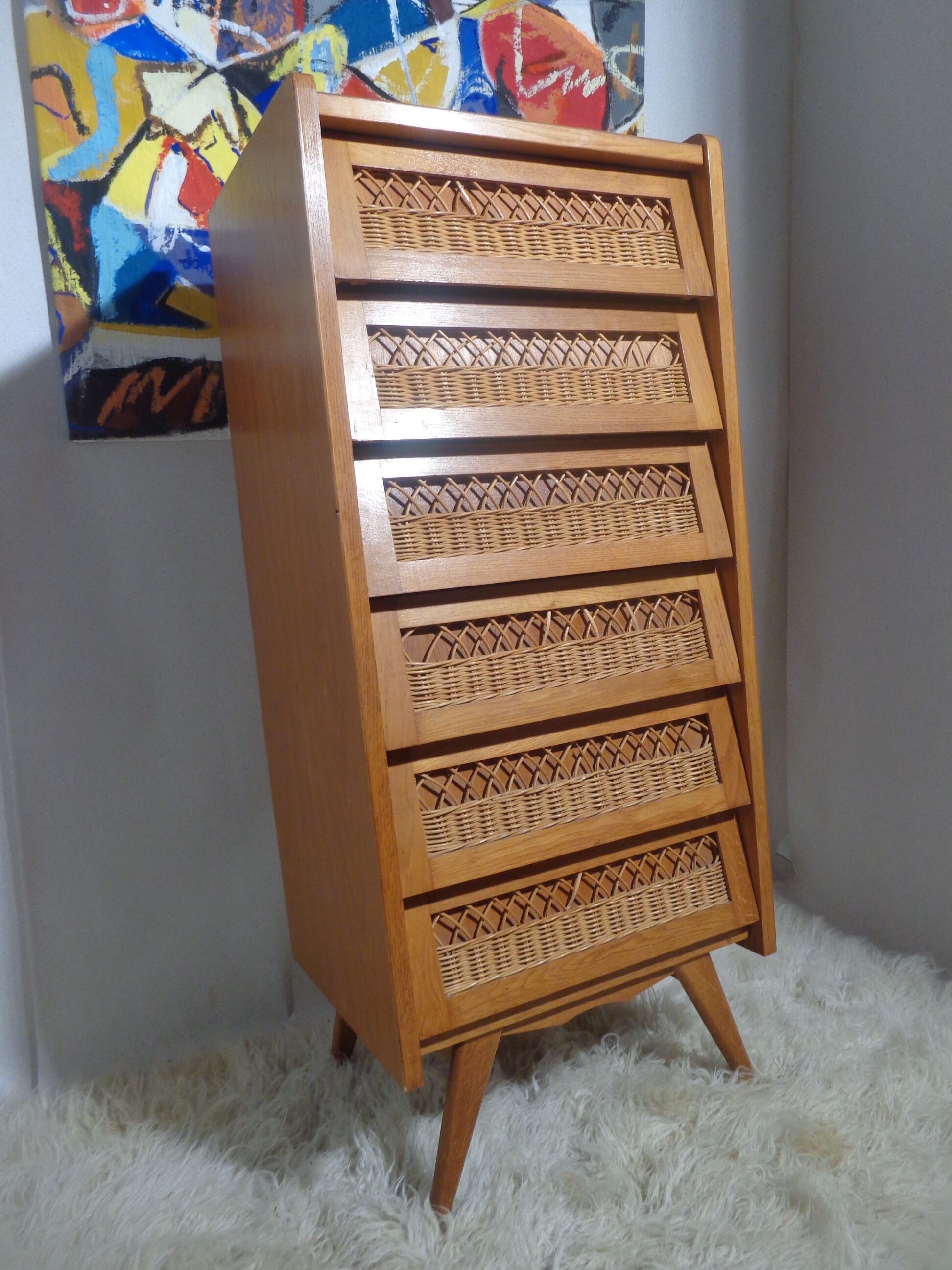 Chest of drawers vintage wood and rattan of the 50 feet compass