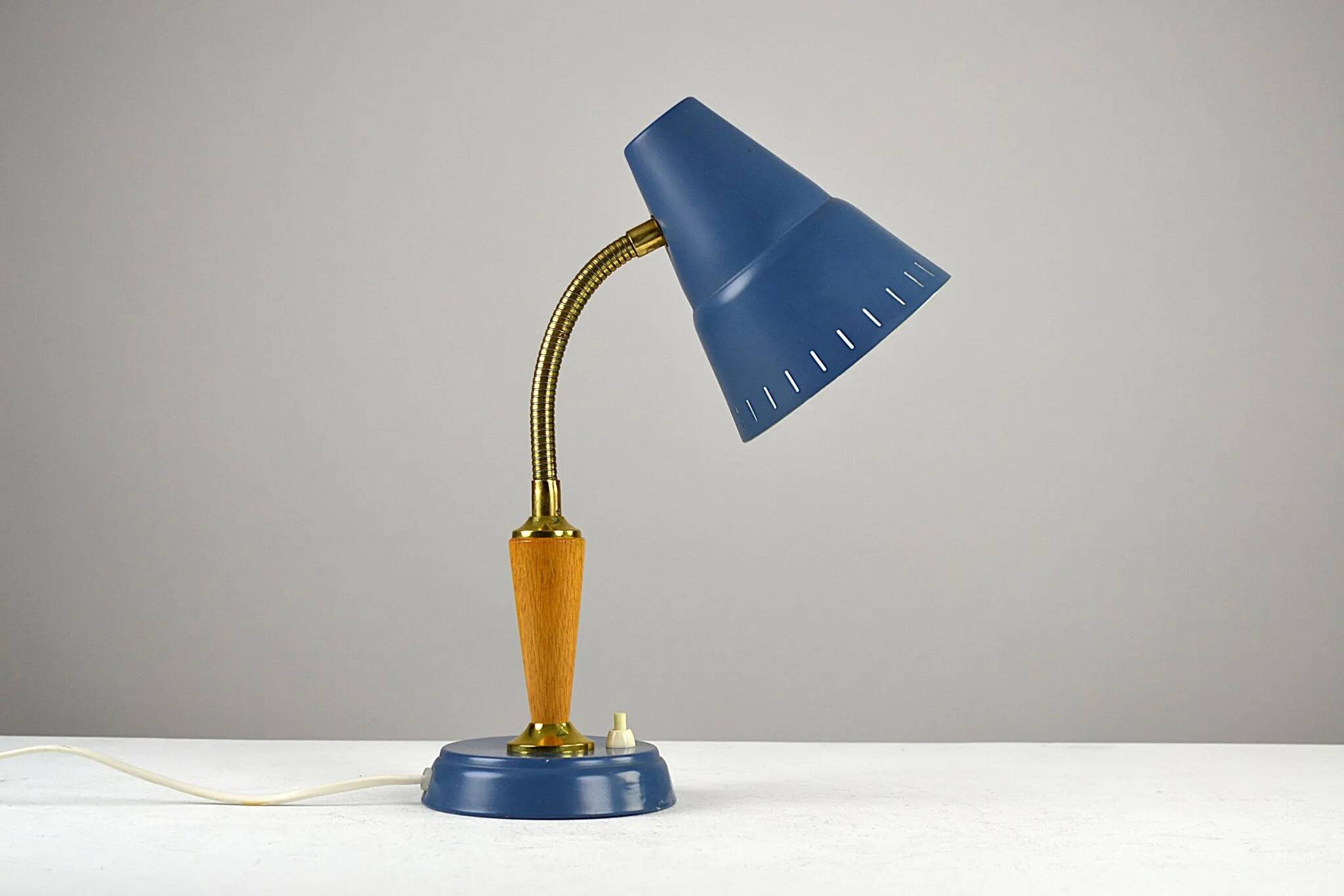 Blue Metal, Brass & Teak Table or Desk Lamp by Ringus, Sweden, 1950s
