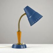 Blue Metal, Brass & Teak Table or Desk Lamp by Ringus, Sweden, 1950s