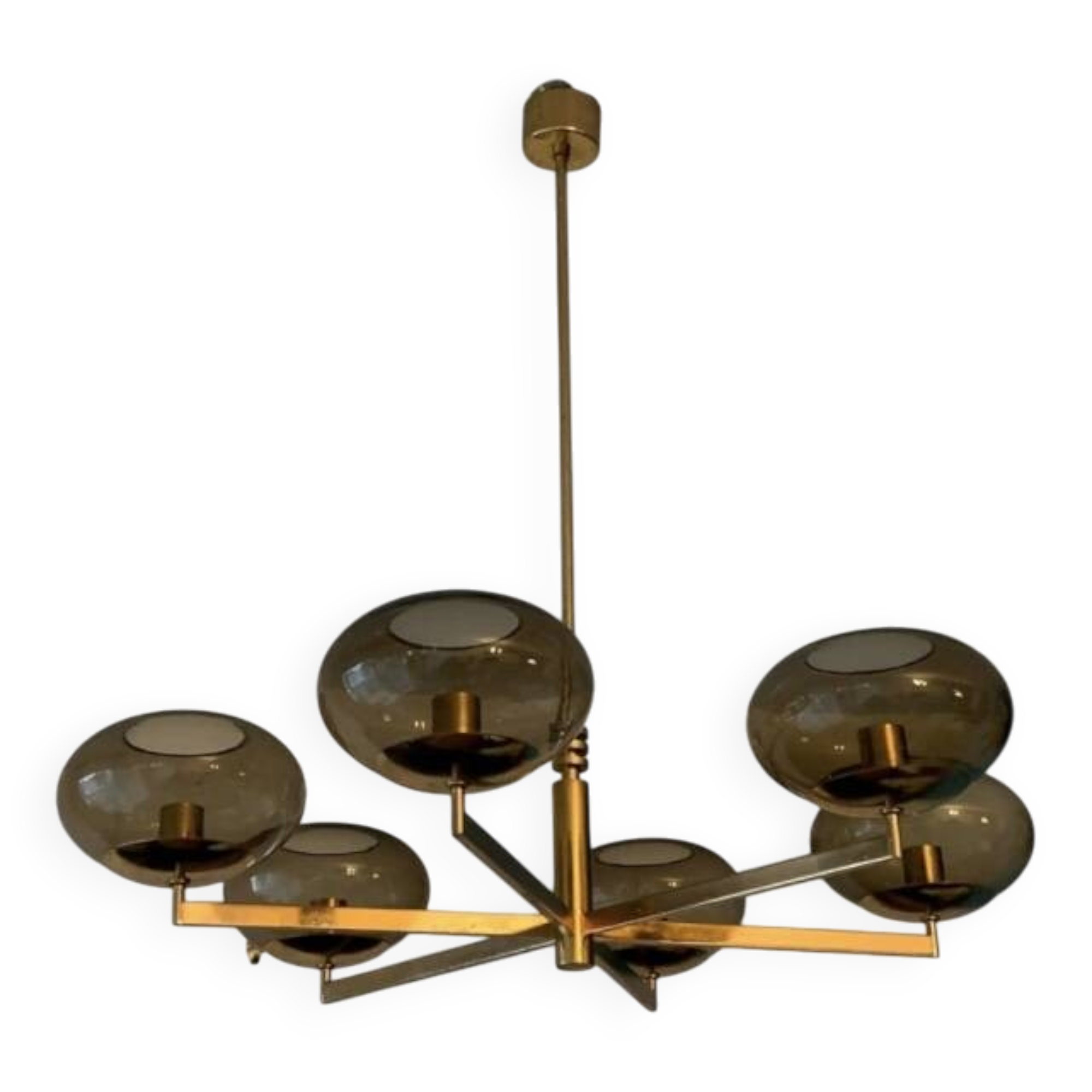 Italian brass chandelier with 6 grey smoked glass globes
