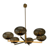 Italian brass chandelier with 6 grey smoked glass globes