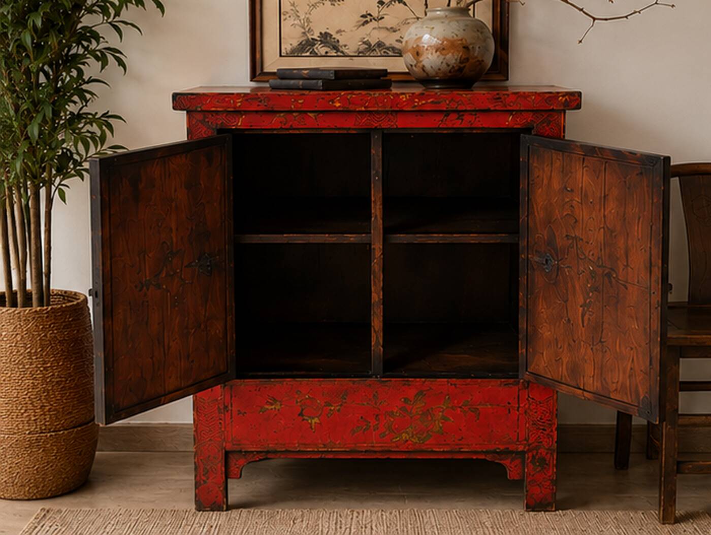Antique Chinese Red Lacquer Cabinet with Hand-Painted Decorations