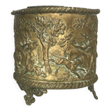 Antique Napoleon III Brass Planter with Embossed Hunting Scene Decor
