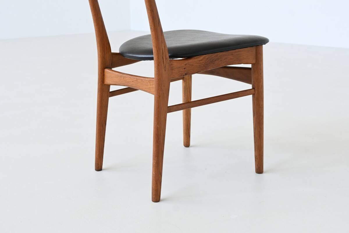 Set of six Danish dining chairs in teak and faux leather Denmark 1960